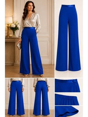 Jacques Vert Size 18 Royal Blue Wide Leg Trousers NWT Satin Waist Occasion